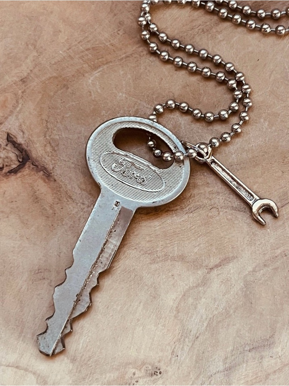 Vintage Ford Silver Key Pendant with Wrench Charm on Ball Chain